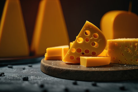Close up portions of tasty delicious cheese, dairy product organic food horizontal background. AI generative image.の素材