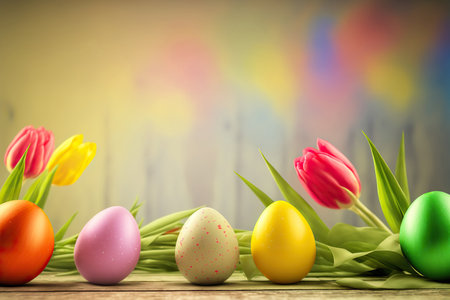 Painted Easter eggs with tulip flowers on wooden background. Spring holiday horizontal banner or greeting card template. AI generative image.の素材