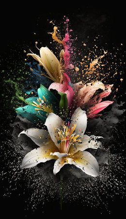 Beautiful abstract lily or alstromeria flowers on a black background. Bright color burst. Mobile splash screen template. Floral artistic illustration. AI generative image.の素材
