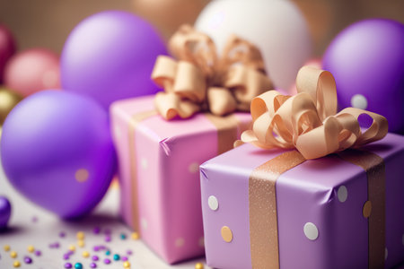 Birthday celebration composition with gift boxes, balloons, silk shiny bows and ribbons, confetti and other holiday decorative elements. selective focus. Indoor blurred background with place for text. AI generated picture.の素材