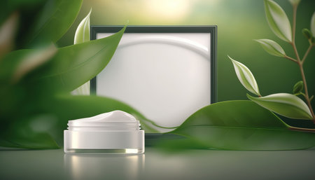 Beauty skincare cream in empty clean glass jar mockup on green leaves and frame with copy space background, organic cosmetic product. horizontal background. advertising poster. AI generative image.の素材