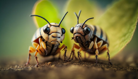 Close up adorable cute friendly cartoon insects illustration. AI generative image.の素材