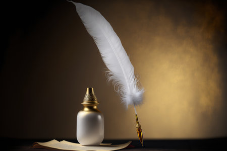 Old paper with goose feather for writing and inkpot. AI generated picture.の素材