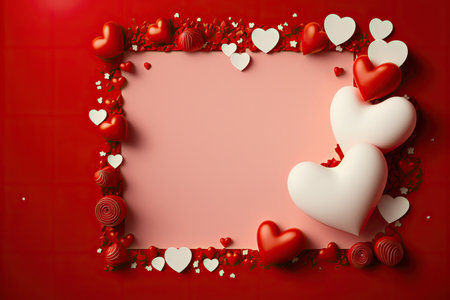 Beautiful St. Valentine top view layout with hearts and square place for text. AI generated picture.の素材