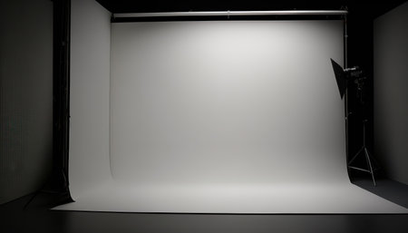 Illustration of empty clean professional photo studio with lights. Horizontal indoor background with copy space. Generative AI image.の素材