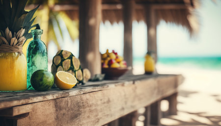 Close up fruits and juice on wooden table, blurred tropical summer outdoor horizontal background with copy space. AI generative image.の素材