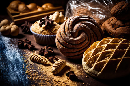 Assorted fresh bakery and pastry confectionery products. Loaves of bread, and sweet buns. AI generative image. Different baked goods still life illustration. AI generated picture.の素材