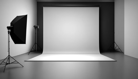 Illustration of empty clean professional photo studio with lights. Horizontal indoor background with copy space. Generative AI image.の素材