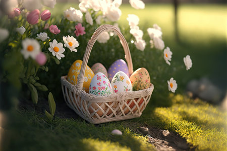 Basket with painted Easter eggs, floral nature background. selective focus. AI generated image.の素材