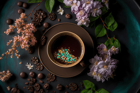 Beautiful still life with beverage in a vintage cup and spring flowers on dark background. top view. AI generated picture.の素材