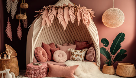 Boho style child's room, cozy bright interior. horizontal indoor background. AI generative image.の素材
