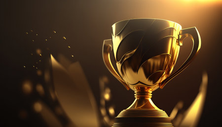 Golden trophy cup, championship award concept. Horizontal banner with copy space. AI generative image.の素材