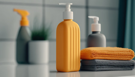Liquid soap bottle with towels mockup. Indoor cozy background. AI generative image.の素材