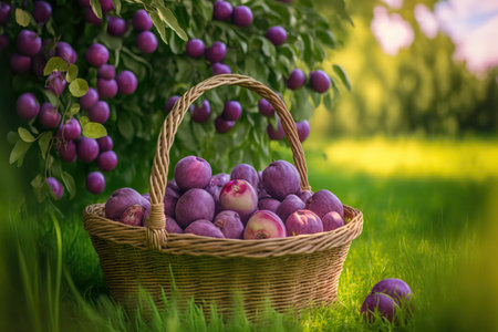 Delicious fresh plums in a basket on nature background, healthy diet. AI generated imageの素材