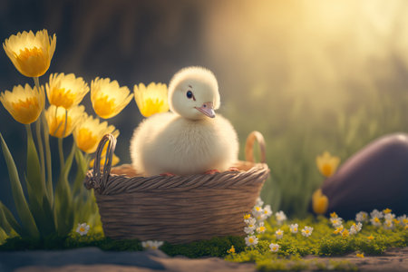 Adorable Easter duckling in a basket on nature background with flowers. selective focus. AI generated image.の素材