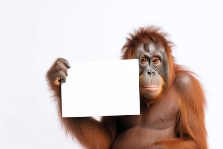 Cute orangutan monkey portrait with empty clean white cardboard sign in hands. Poster template with copy space. Zoo illustration. AI generative image.の素材