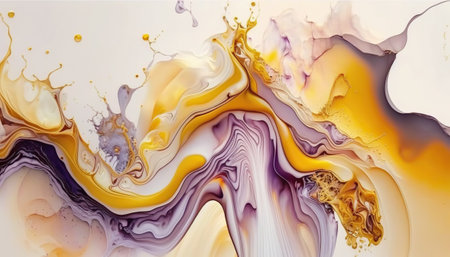 Abstract gold and purple paint smear waves, marble texture effect, modern art horizontal background. AI generative image.の素材