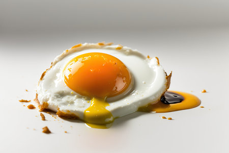 Close up fried egg, morning breakfast concept on white background. horizontal format. AI generative image.の素材
