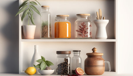 Cozy kitchen shelf with utensils, dishware and orange fruits. horizontal indoor background. AI generative image.の素材