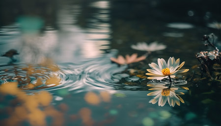 Abstract beautiful close up spring pond water. Splash screen or nature outdoor horizontal background with copy space. AI generative image.の素材
