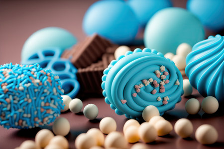 Close up tasty blue colored candies, cookies and other sweets and pastry products. Confectionery food illustration. AI generative image.の素材