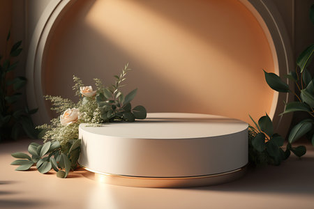 Minimal cylinder product display podium with plants. Eco style showcase. soft colors. Abstract modern interior with copy space. AI generative art.の素材