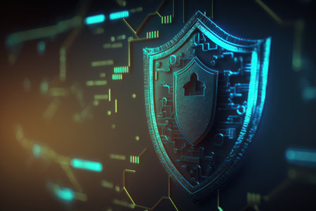 Cyber security digital shield for protecting data, abstract futuristic horizontal background. safety system illustration. AI generative image.の素材