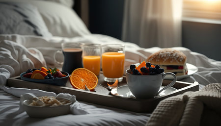 Cozy morning breakfast in bed on a tray. Orange juice, fruits and other tasty food. indoor horizontal background. AI generative image.の素材