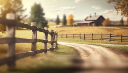 Abstract rural landscape with old wooden fence. outdoor horizontal background. AI generative image.の素材
