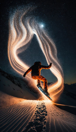 Snowborder sportsmen jumping mid-air on winter snow slope. Beautiful luminous light and starry night sky. Abstract extreme sport vertical splash screen template. AI generative image.の素材