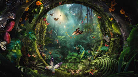 Beautiful fantasy enchanted forest with butterflies, flowers and copy space. Fairy tale outdoor horizontal background. AI generative image.の素材