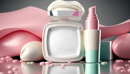 Bright colored minimal showcase scene with empty clean frame with copy space and beauty cosmetic products. horizontal background. AI generative image.の素材