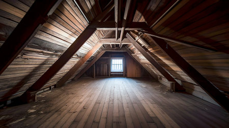 Rustic attic room, empty wooden interior with copy space. indoor horizontal background. AI generative image.の素材
