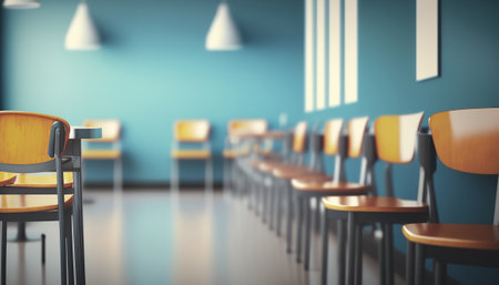 Modern minimal clinic waiting room hall interior indoor horizontal background. AI generative image.の素材