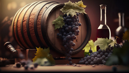 Close up old wine barrel, rural vineyard horizontal outdoor background. AI generative image.の素材