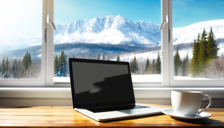 Window with beautiful view on mountains and desk with laptop computer and cup of coffee or tea. Freelancing job concept. indoor background. AI generative image.の素材