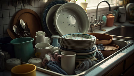 Kitchen sink with dirty dishes, pile of unclean utensils, household chores illustration, indoor horizontal background. AI generative image.の素材