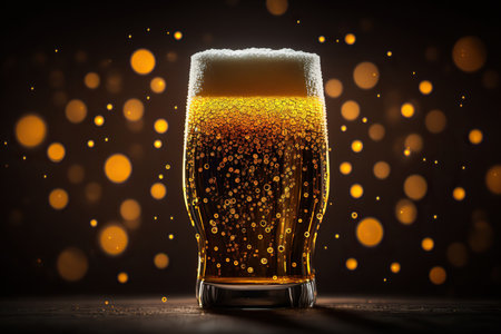 Close up glass of tasty cold beer on dark horizontal background. AI generative image.の素材