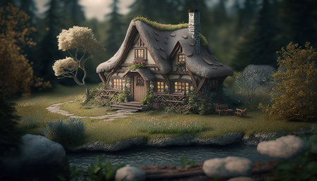 Cute fantasy cottage house, fairy tale illustration, autumn outdoor horizontal background. AI generative image.の素材