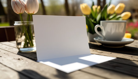 Springtime outdoor background, table with cup of tea and blank empty white horizontal cardboard card with copy space and spring flowers. Sunny day. AI generative image.の素材