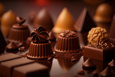 Close up different dark and milk chocolate bars and candies, confectionary products indoor horizontal background. Tasty delicious food. AI generative image.の素材