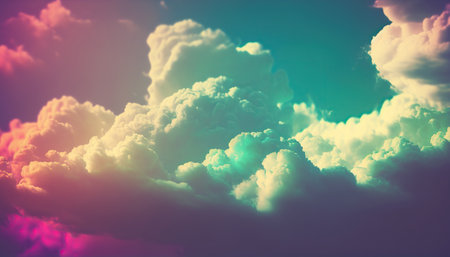 Beautiful retro style illustration of sky with bright blue, purple and pink clouds. abstract horizontal background. AI generative image.の素材