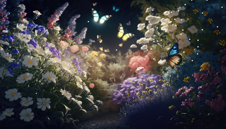 Beautiful fantasy garden with different flowers and butterfly. Blooming outdoor horizontal background. AI generative image.の素材