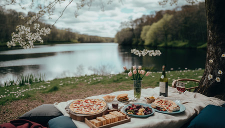 Retro style picnic by the spring lake. outdoor nature horizontal background. AI generative image.の素材
