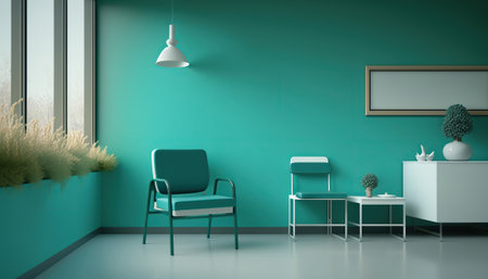 Modern minimal clinic waiting room hall interior indoor horizontal background. AI generative image.の素材