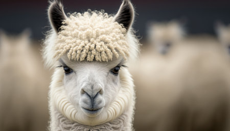 Cute alpaca close up portrait on blurred nature outdoor horizontal background. AI generative image.の素材