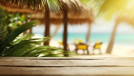 Close up wooden table on foreground and blurred tropical beach horizontal background with copy space. Outdoor nature backdrop. AI generative image.の素材