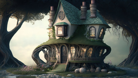 Digital illustration of fantasy fairy tale little cute house. horizontal format. AI generative image.の素材