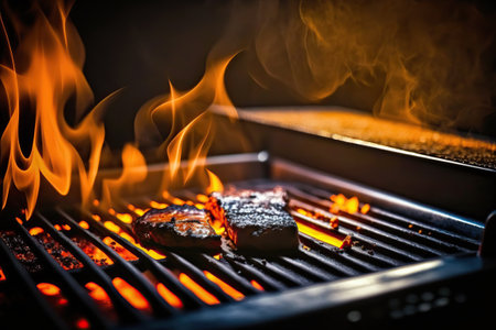 Preparing process of tasty juicy meat on grill fire, roasted grilled food illustration, cooking. indoor horizontal background. AI generative image.の素材