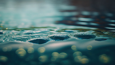 Beautiful spring pound scene, close up fresh water with copy space, splash screen for pc. outdoor horizontal nature background. AI generative image.の素材